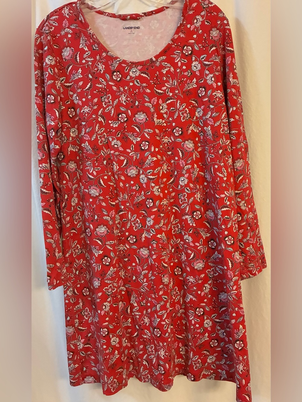 Lands End 100% Cotton Red Floral Nightgown. Scoop neck. Below knee.